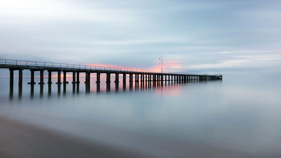 untitled, pier, jetty, beach, smooth, sunset, sea, ocean, shore, HD wallpaper