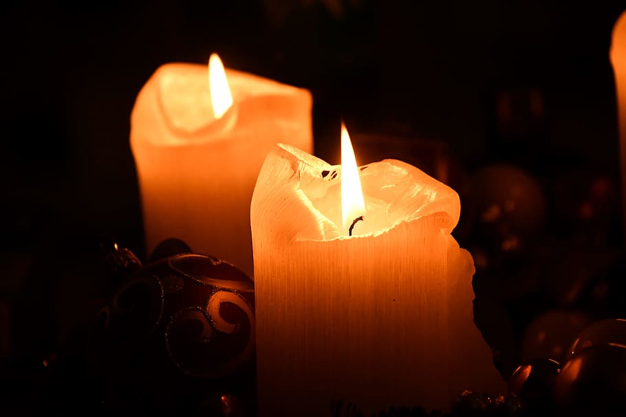 Two Pillar Candles, blurred background, burn, burning, burnt HD wallpaper