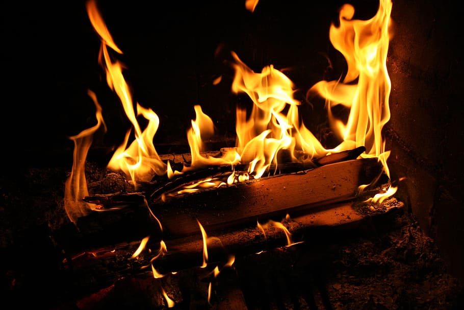 fireplace with flame, glow, in the night, heat, an outbreak of, HD wallpaper
