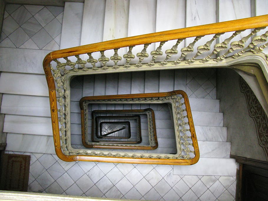 staircase, interior, perspective, architecture, no people, railing HD wallpaper