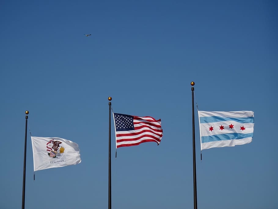 chicago, flags, sky, seibt, uSA, blue, patriotism, pole, clear sky, HD wallpaper