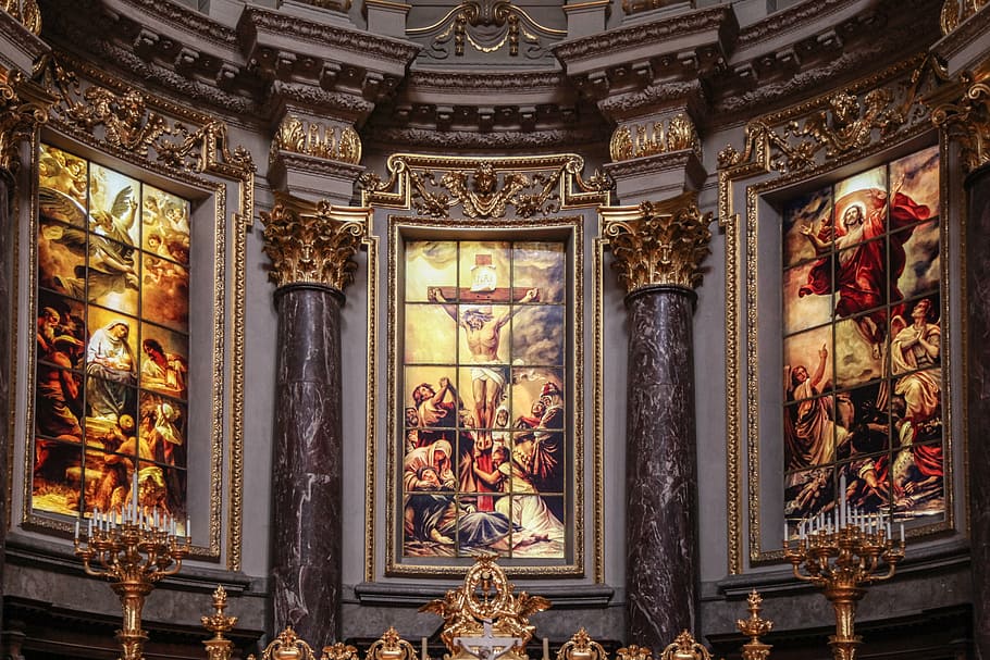 photo of religious paintings inside church, altar, altarpiece