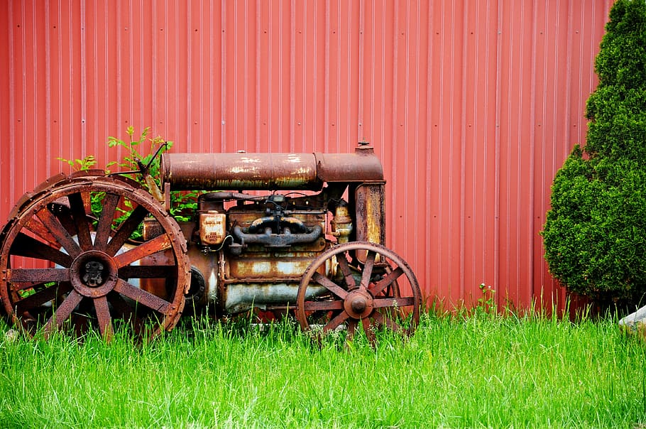brown tractor on green grass, vintage, farm, retro, agriculture