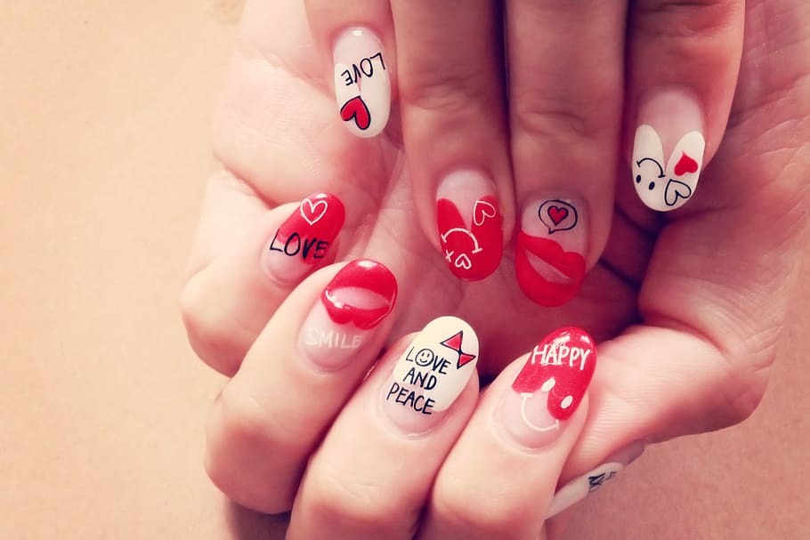 white and red nail art, human Hand, women, close-up, females
