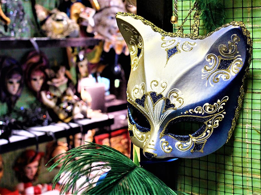 blue and gold floral fox eye mask decor, masquerade, carnival, HD wallpaper