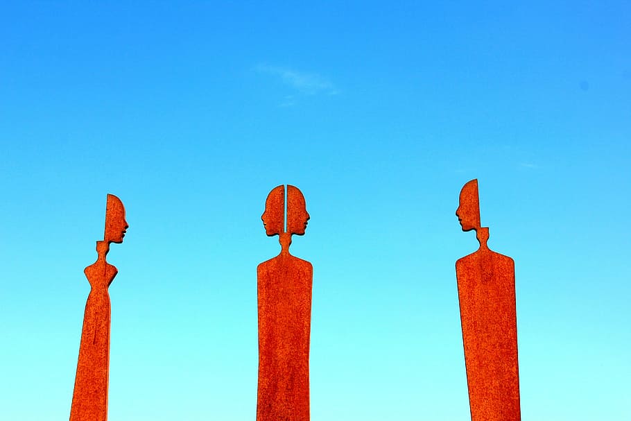 three red human statues, art, orange, sky, face, people, blue HD wallpaper