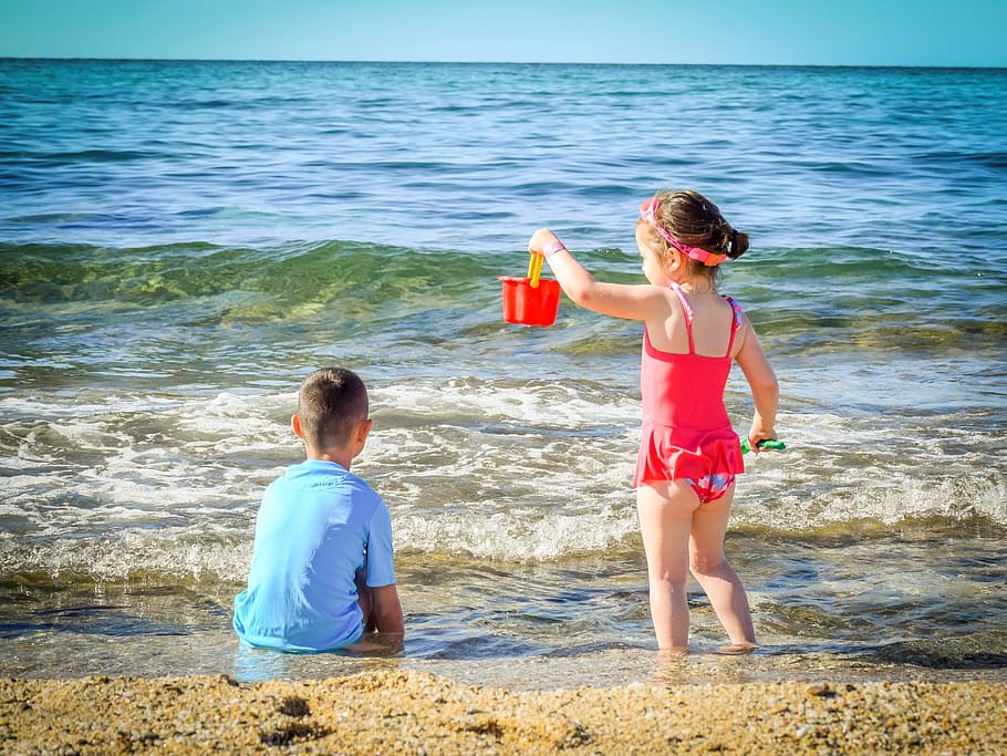 boy and girl playing on beach, Childhood, Happy, kid, portrait, HD wallpaper