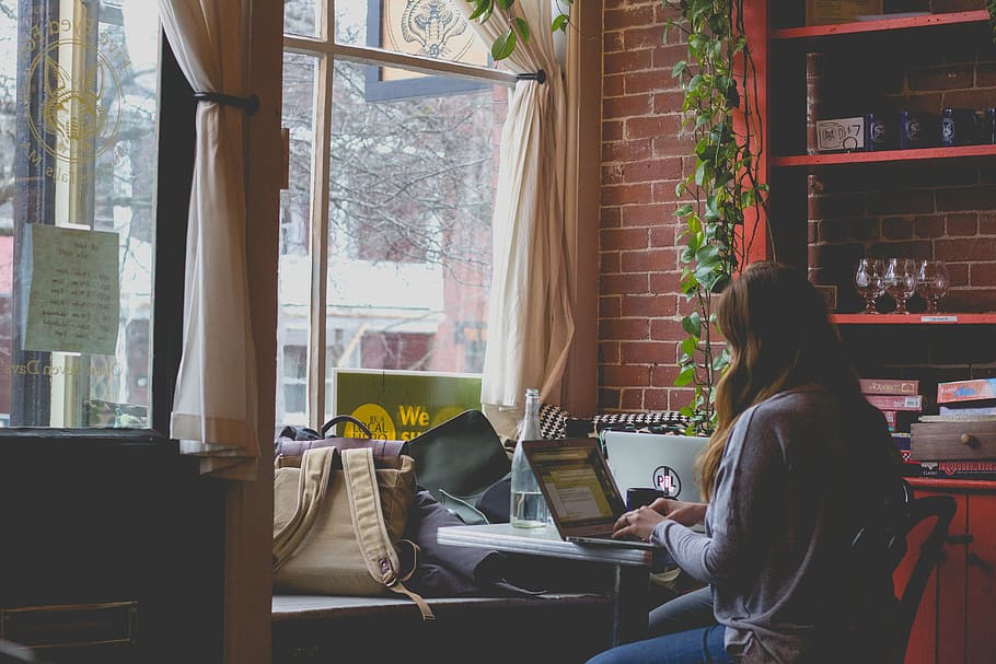 girl sitting infront of laptop, computer, electronic, technology HD wallpaper