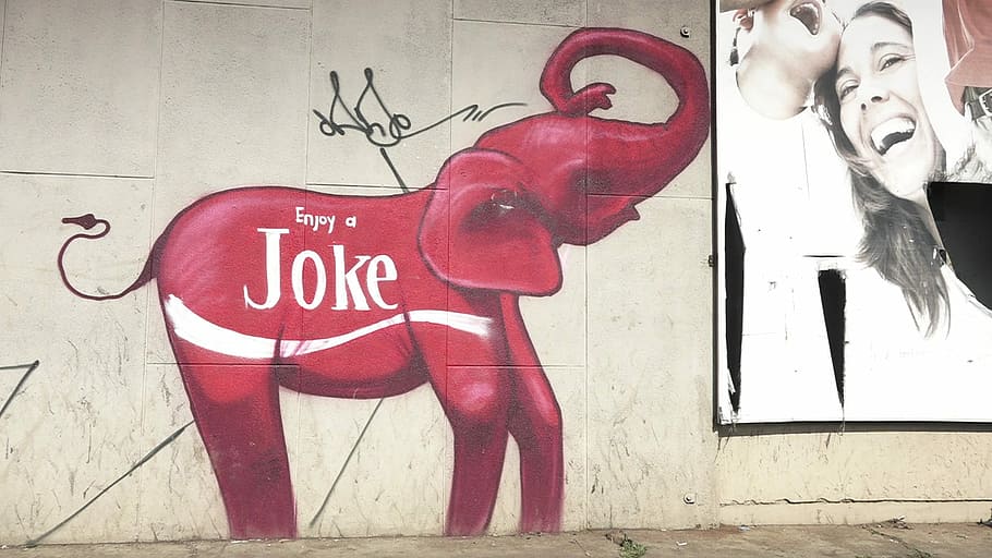Graffiti, Elephants, joke, text, red, day, outdoors, no people