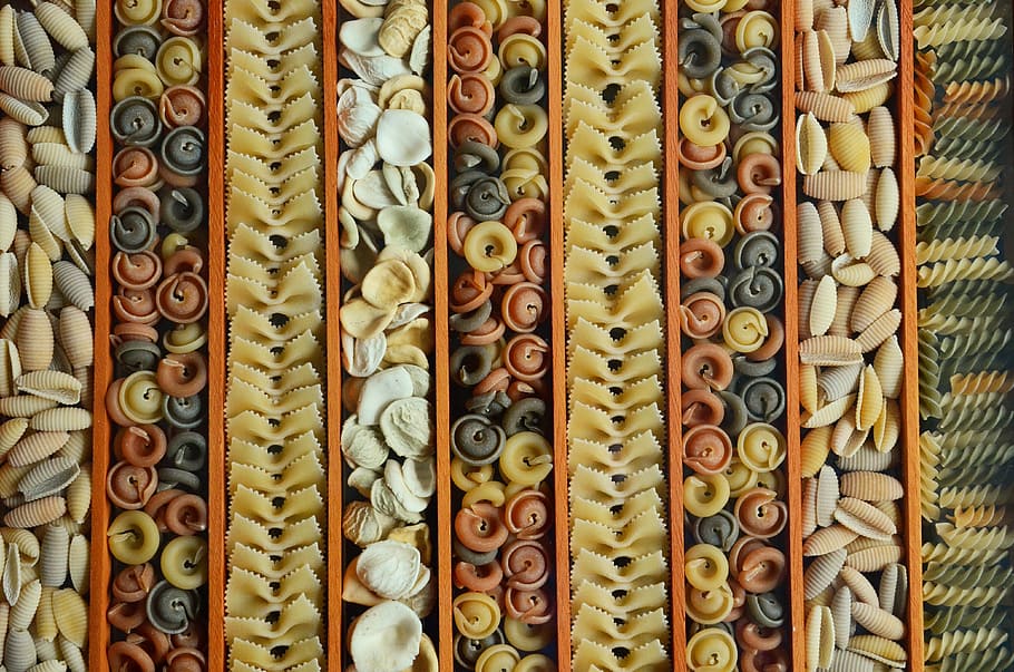 layered uncooked pasta, noodles, colorful pasta, food, eat, raw