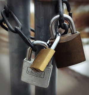 silver, gold, and brown padlocks in metal chain, security, symbol HD wallpaper