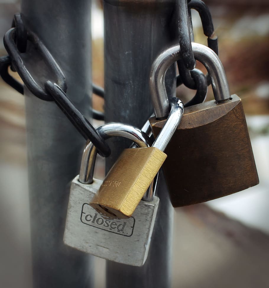 silver, gold, and brown padlocks in metal chain, security, symbol HD wallpaper