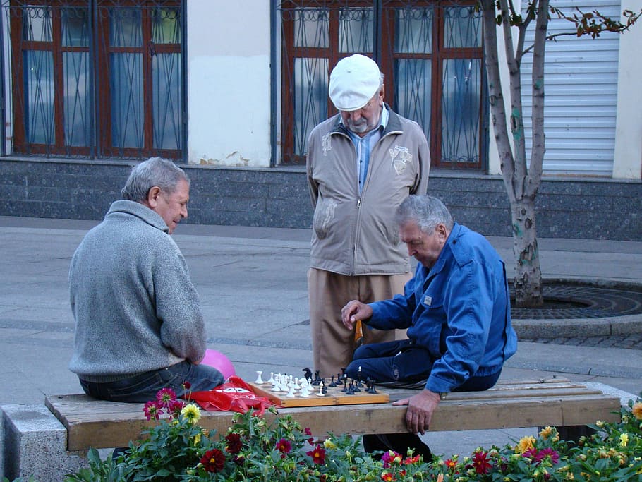 man looking on two men playing chess, game, older men, old age HD wallpaper