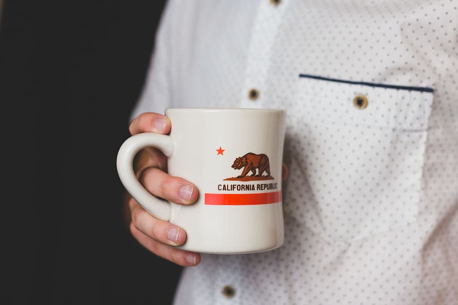 person holding white and red California Republic ceramic mug, person holding white Californian Republic ceramic mug HD wallpaper