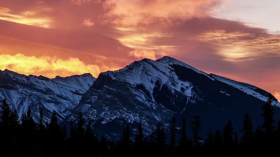 gray mountain covered with snow at golden hour, snow covered mountain during dawn, HD wallpaper