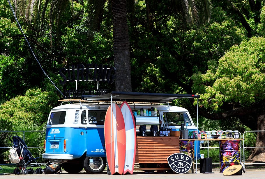 blue Volkswagen Samba beside two surfboards, blue and white bus parked under tree