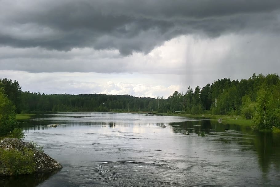 river under nimbus clouds, sweden, sky, lake, water, cloudy HD wallpaper