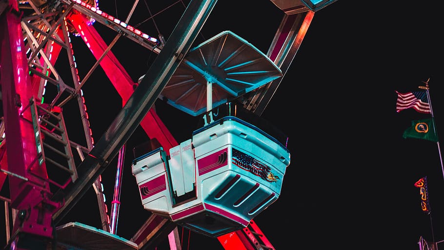 amusement, ride, wheel, dark, night, sky, park, adventure, flag HD wallpaper