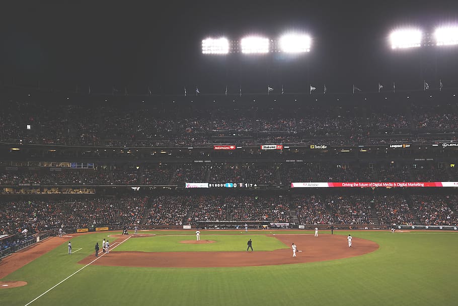 football players on field, people gathering in baseball stadium HD wallpaper