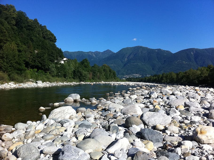 Ticino, River, Stones, Mountains, Alpine, pebble, rock - object HD wallpaper