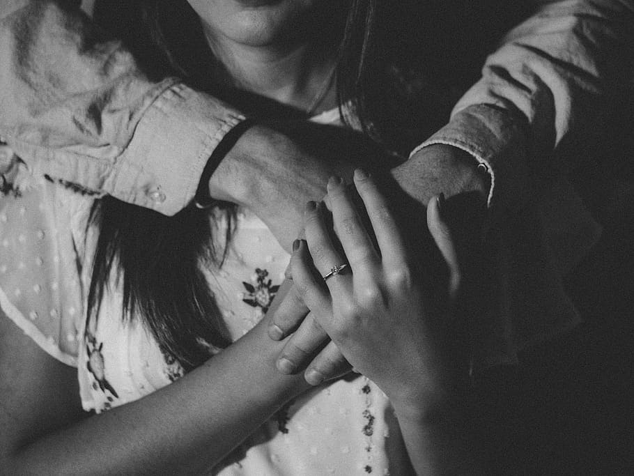 grayscale photography of woman holding her hands, grayscale photo of girl holding hand to person at her back, HD wallpaper