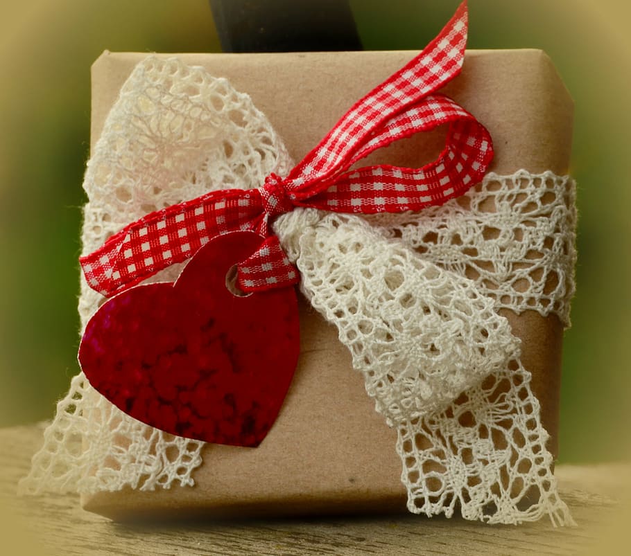 brown gift box, packed, packaging, gift tape, give away, heart HD wallpaper