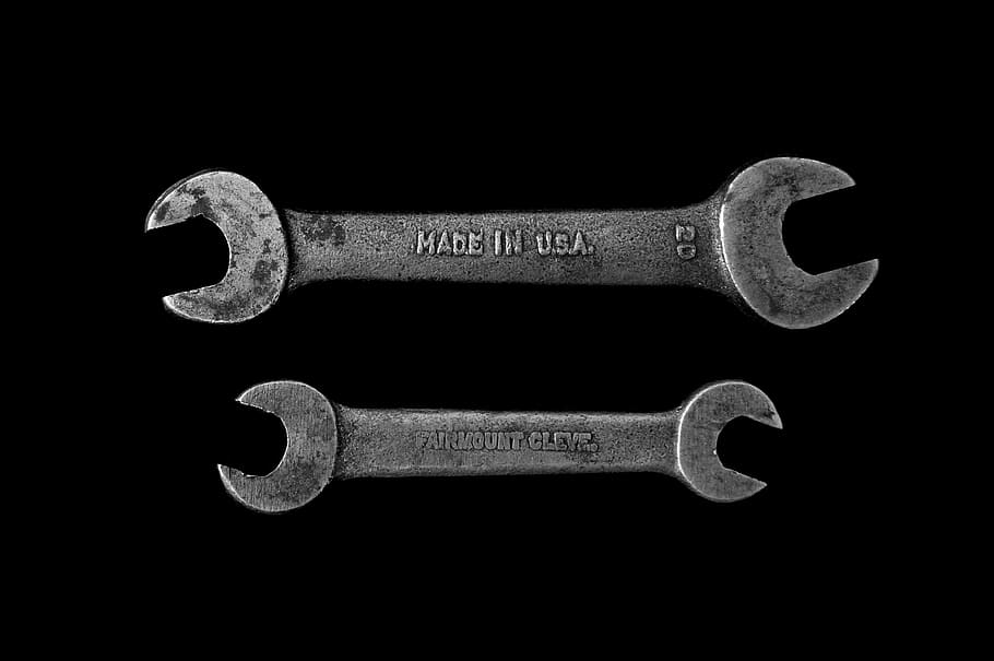 two gray open wrenches, no people, close-up, studio shot, black background HD wallpaper