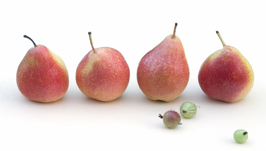 several red pears, studio, white, background, gooseberries HD wallpaper