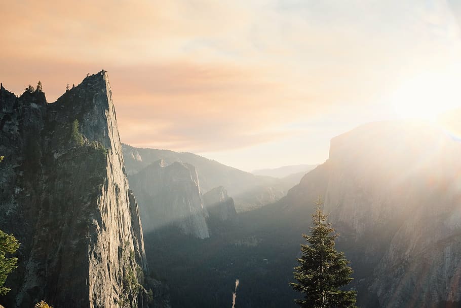 aerial photography of mountains under golden hour, gray, near HD wallpaper