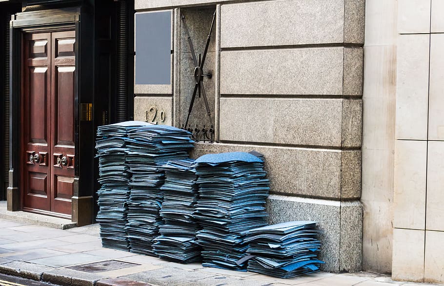 stack, door, pavement, facade, exterior, papers, pile, built structure HD wallpaper