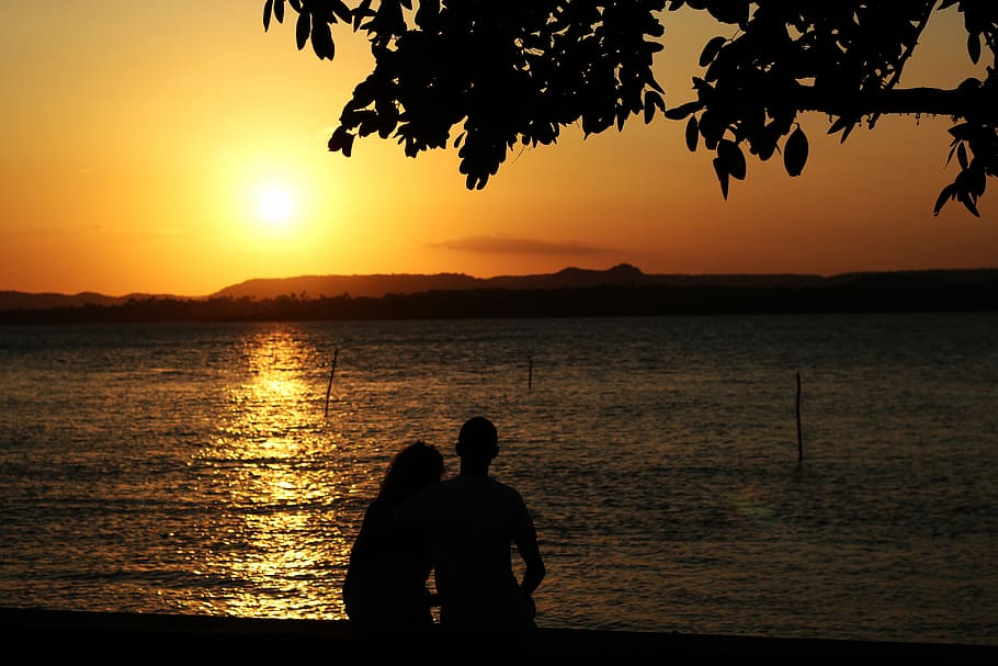 Sunset, Casal, Afternoon, silhouette, sea, tree, togetherness HD wallpaper