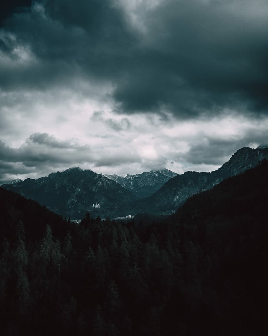 mountains under cumulus clouds, trees and mountain ranges, landscape HD wallpaper