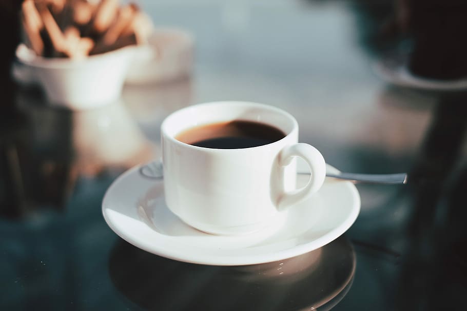 cup of coffee on white ceramic saucer, ceramic mug filled with coffee on white saucer HD wallpaper