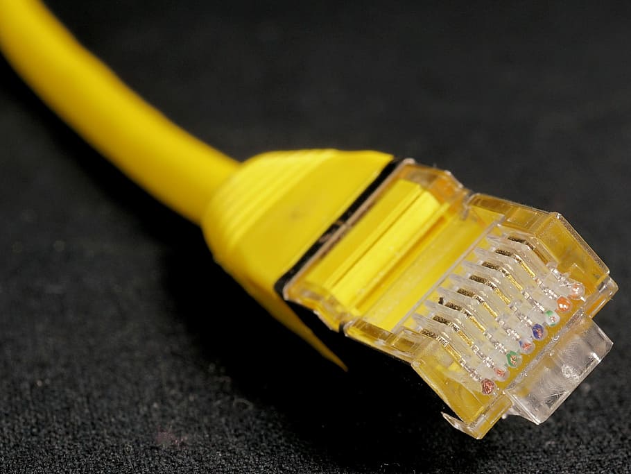 yellow ethernet cable on black textile, internet, lan, network, HD wallpaper