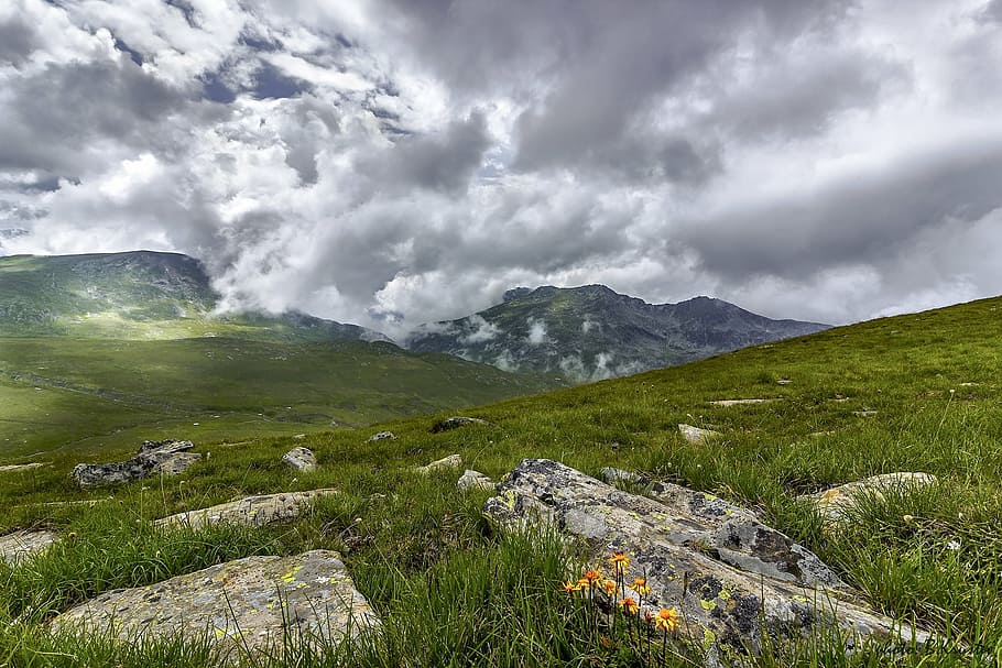 clouds, grass, hill, landscape, mountain, nature, outdoors HD wallpaper