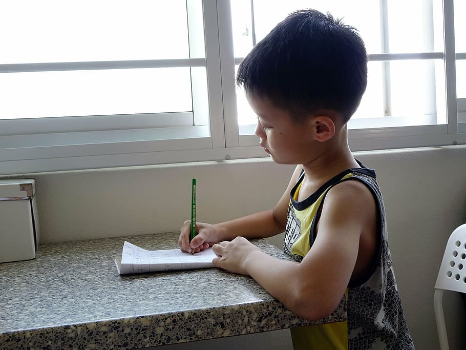 boy writing on notebook, child, student, kid, homework, pencil HD wallpaper