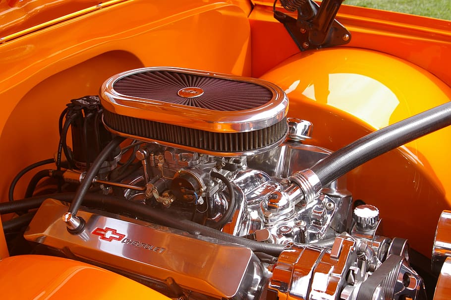 chrome-colored and black Chevrolet vehicle engine, metal, motor HD wallpaper