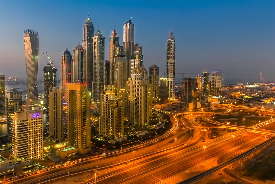 high rise building time lapse, dubai, emirates, down, sky, cityscape HD wallpaper