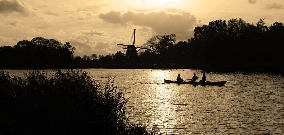 two people on boat, water, river, stream, mill, riekermolen HD wallpaper