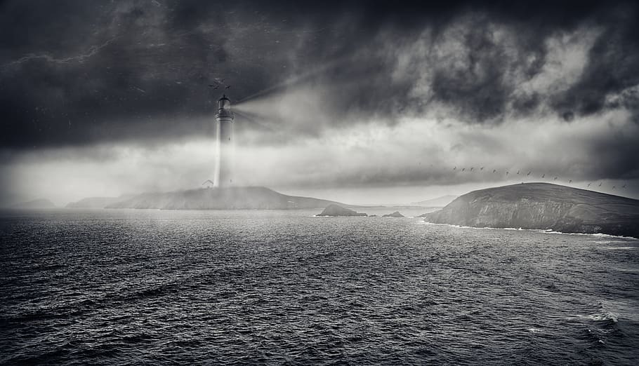 ireland, sea, coast, lighthouse, photo montage, fog, forward