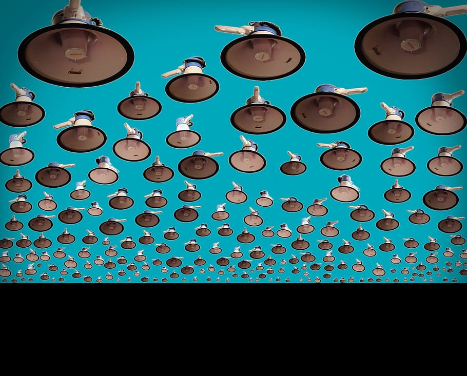 collage, megaphone, invasion, no people, blue, indoors, shape HD wallpaper