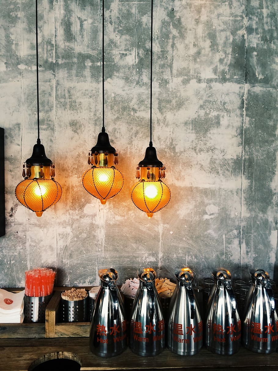 three lighted pendant lamps, electric Lamp, lighting Equipment HD wallpaper