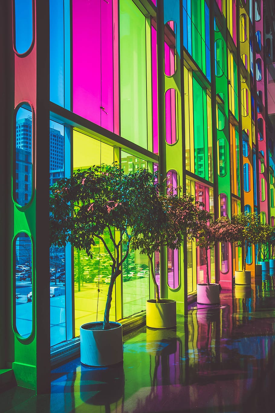 rainbow colored glass wall, architecture, window, night, urban Scene HD wallpaper