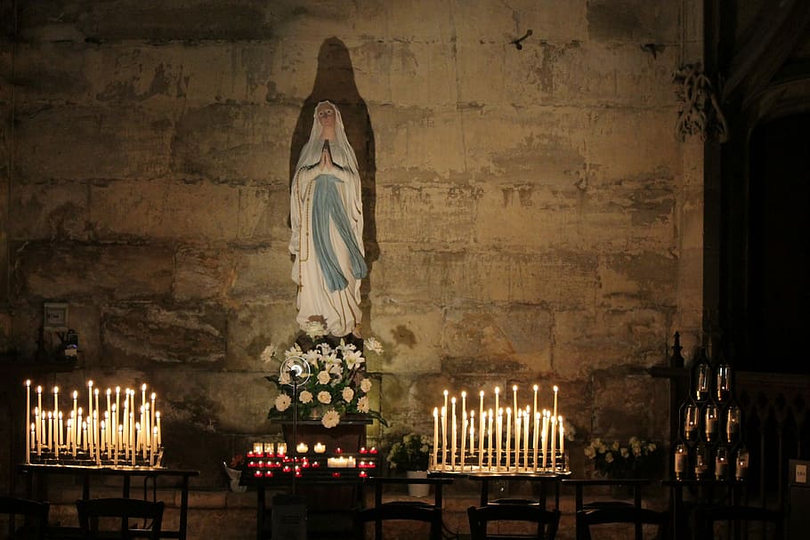 Virgin, Mary, Church, Candle, Flame, indoors, spirituality