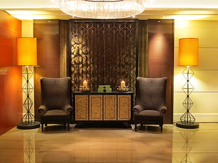 two black armchairs, hotel lobby, interior design, decor, lighting equipment HD wallpaper