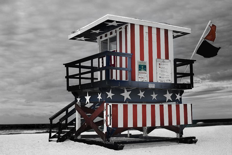 wood, sea, landscape, nature, American flag, beach, blue, clouds HD wallpaper