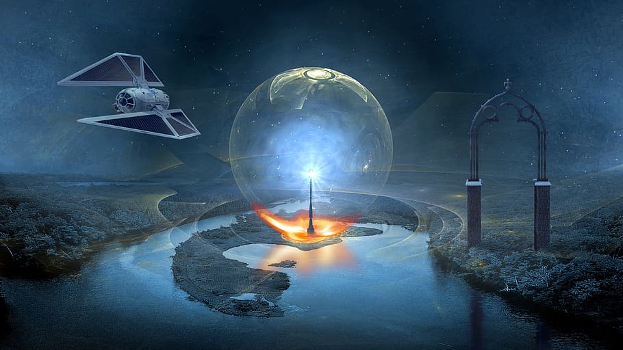 gray satellite with energy ball and gray arc graphic wallpaper HD wallpaper