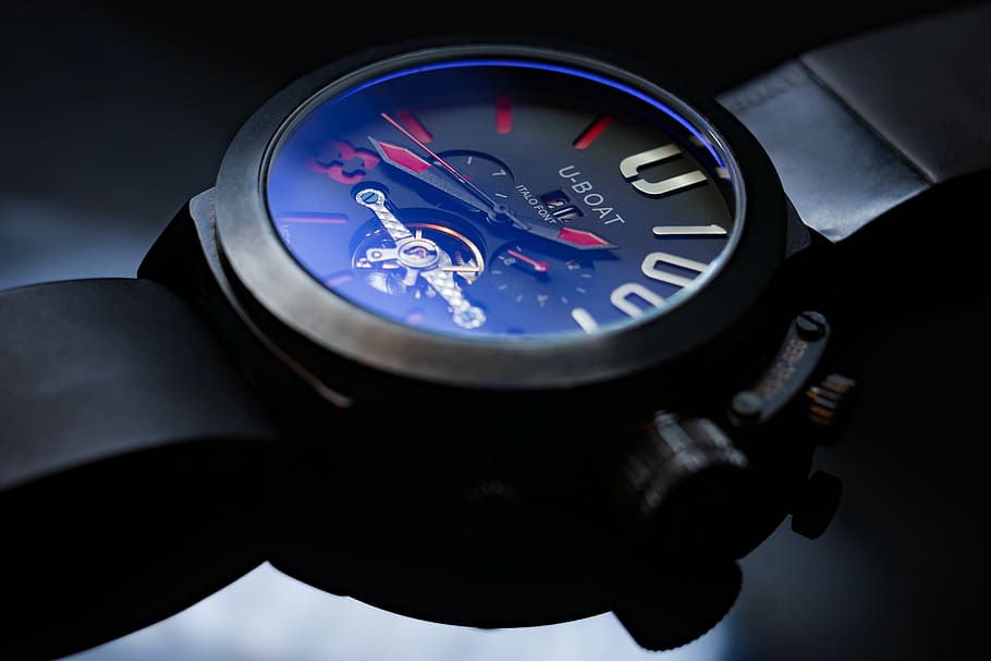 round black U-Boat chronograph watch at 1: 42, clock, time, hand, HD wallpaper