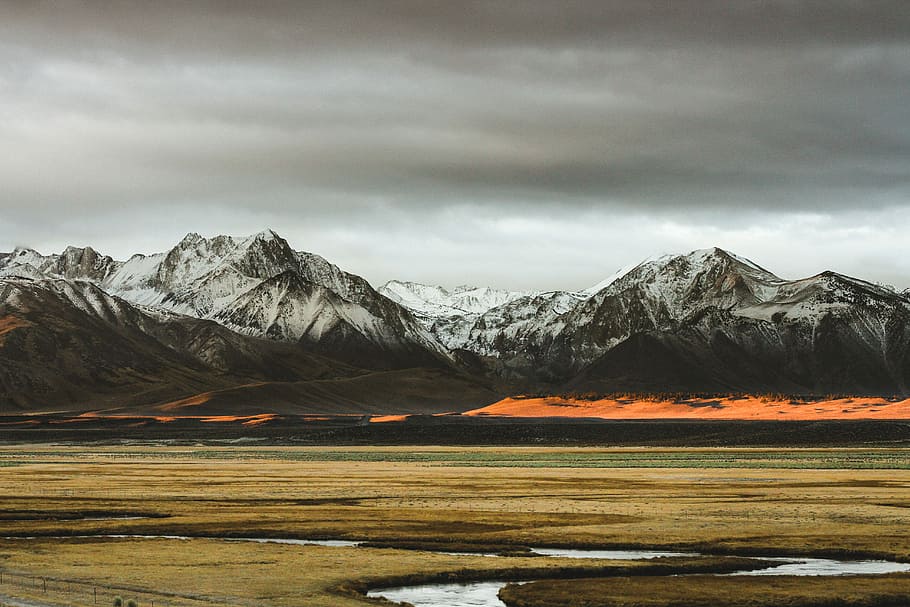snow covered mountain, landscape photo of steppe with mountain background HD wallpaper