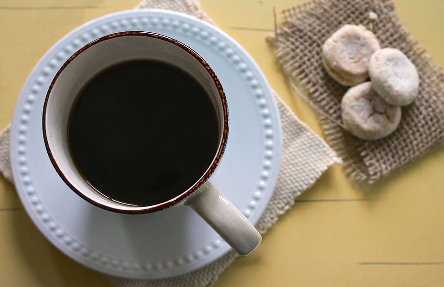 white and brown coffee mug with suacer, black, cup, coffee cup HD wallpaper